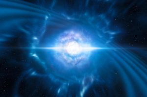 Esta ilustración muestra a dos pequeñas, pero muy densas, estrellas de neutrones en el punto en el que se fusionan y explotan como una kilonova. ESO/L. Calçada/M. Kornmesser.